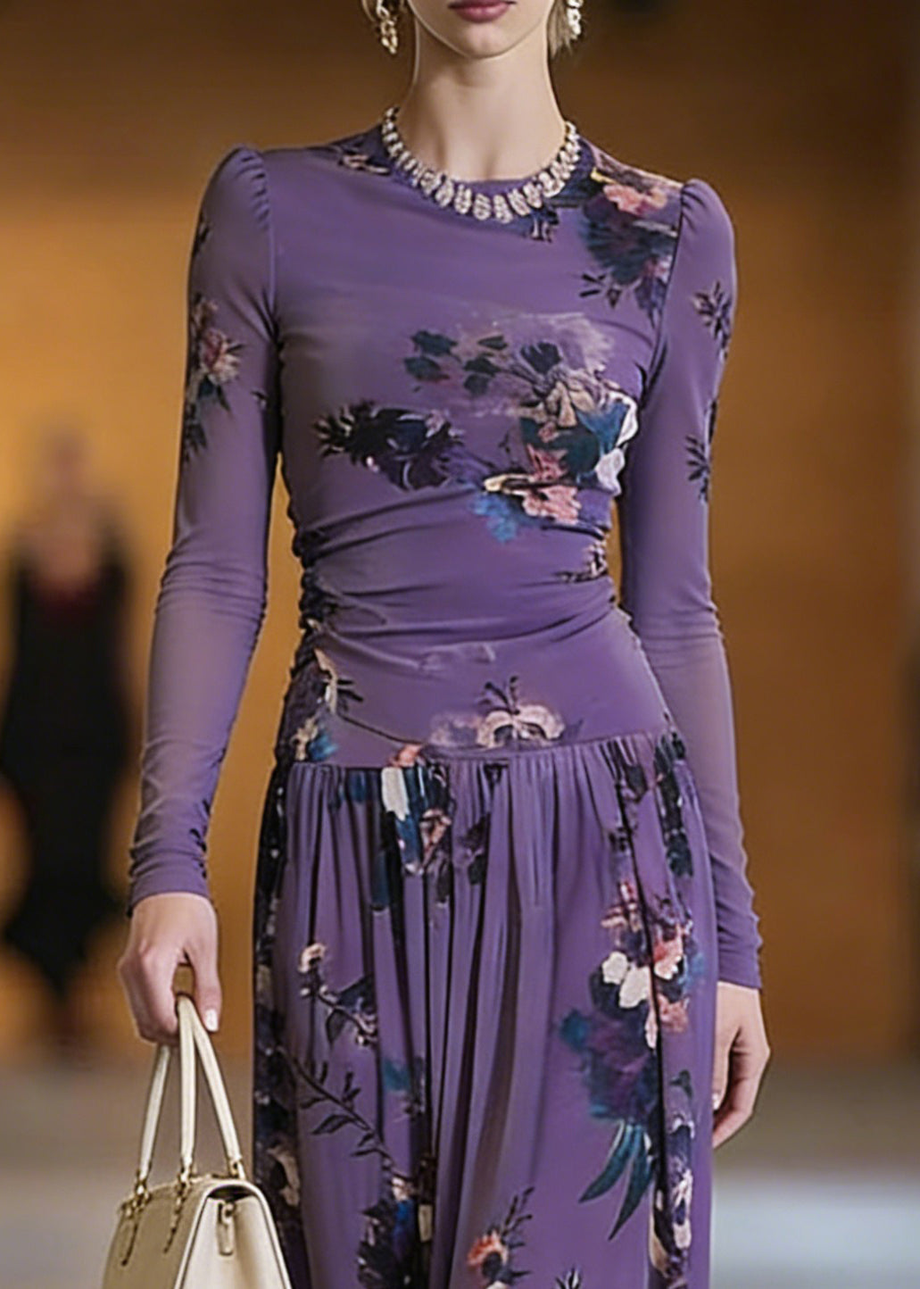 Elegant Purple O-Neck Print Top And Maxi Skirts Two Pieces Set Spring - Omychic