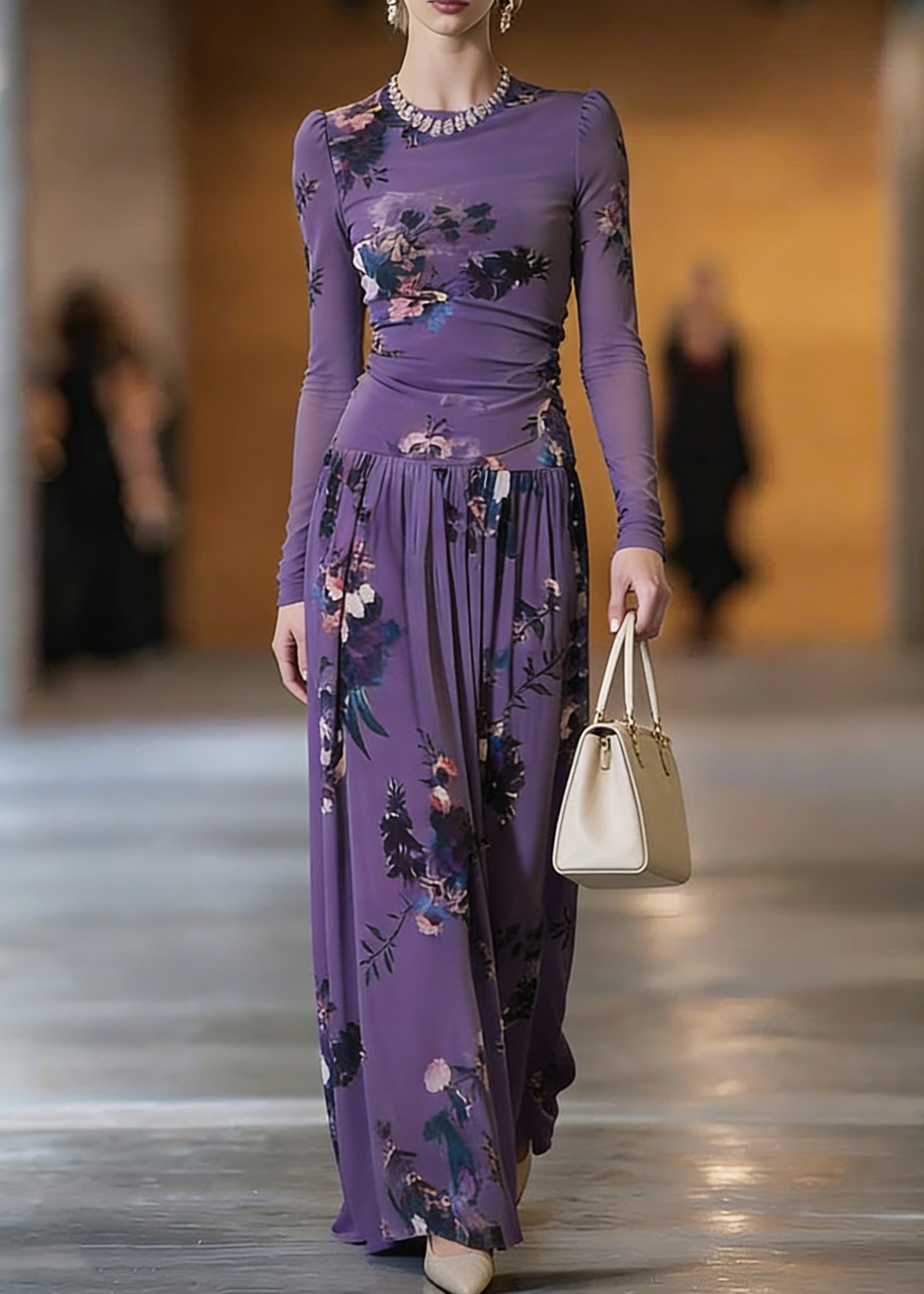 Elegant Purple O-Neck Print Top And Maxi Skirts Two Pieces Set Spring - Omychic