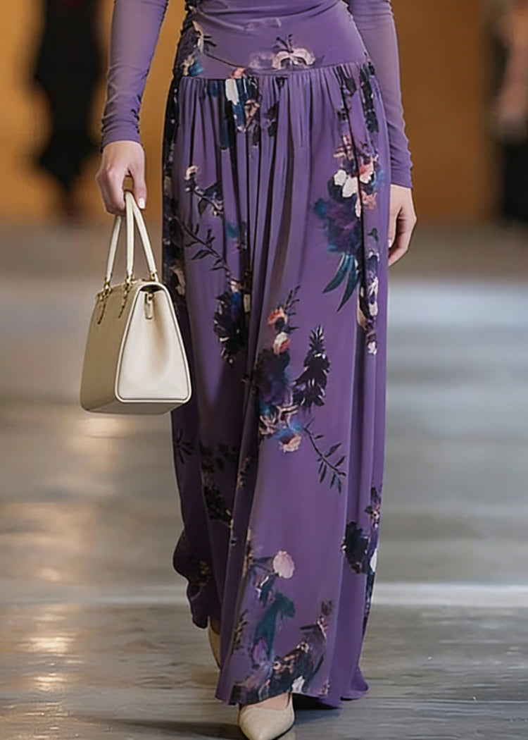 Elegant Purple O-Neck Print Top And Maxi Skirts Two Pieces Set Spring - Omychic