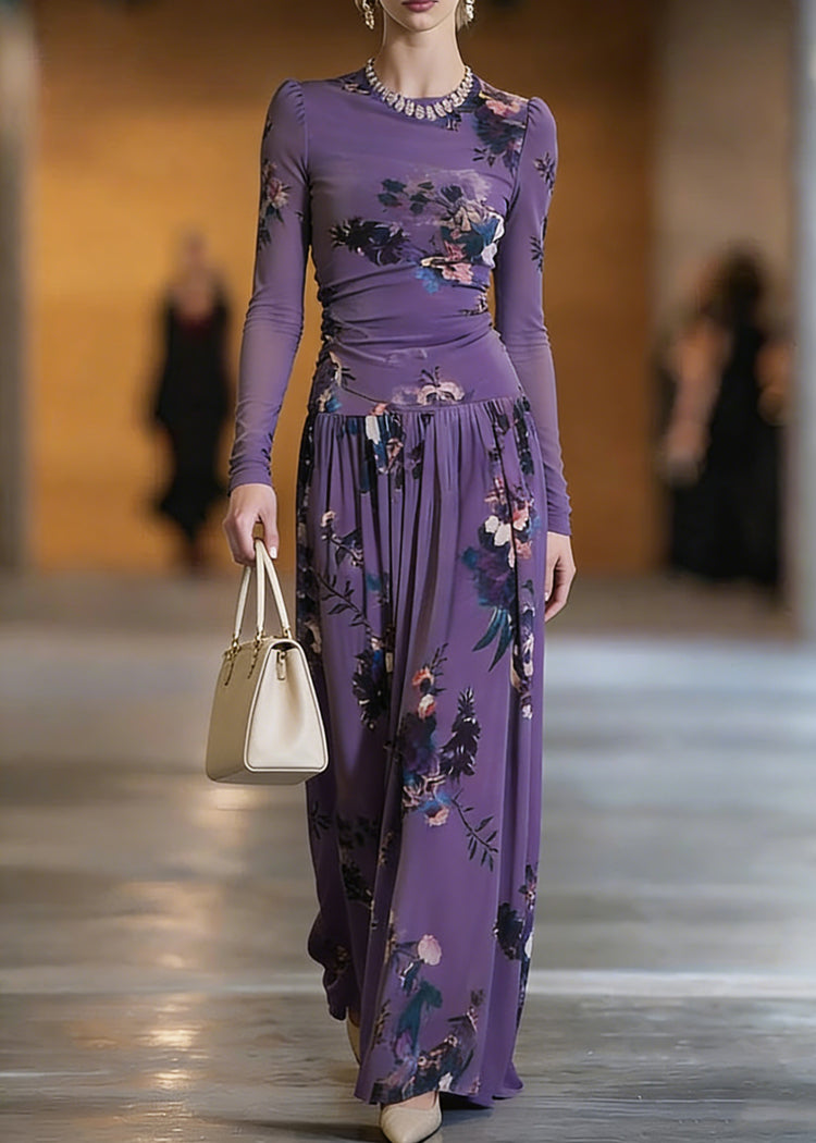 Elegant Purple O-Neck Print Top And Maxi Skirts Two Pieces Set Spring - Omychic