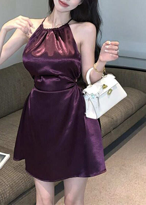 Elegant Purple O-Neck Solid Vacation Mid Dress Sleeveless