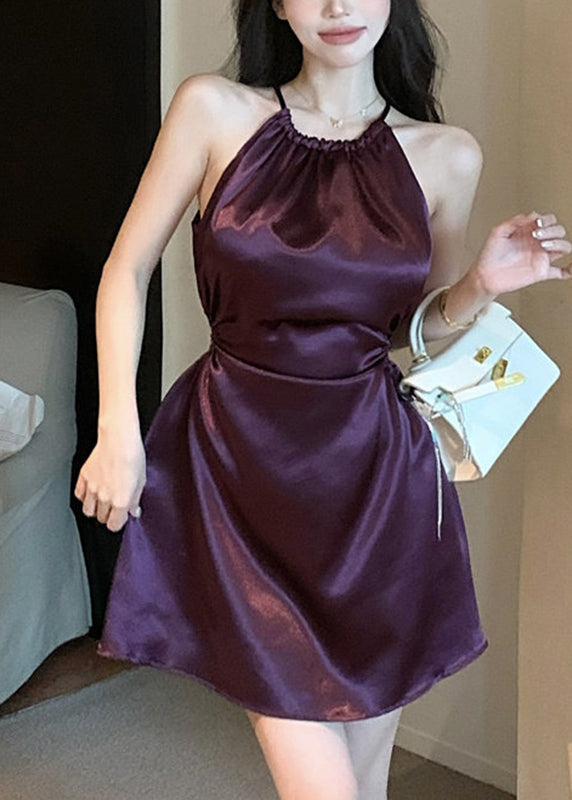 Elegant Purple O-Neck Solid Vacation Mid Dress Sleeveless