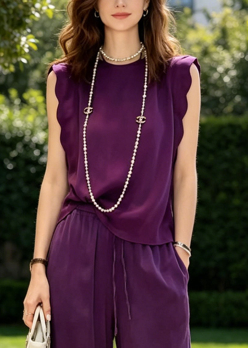 Elegant Purple Oversized Draping Cotton Two Pieces Set Sleeveless