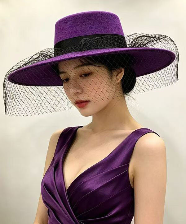 Elegant Purple Patchwork Tulle Cashmere Cloche Hat