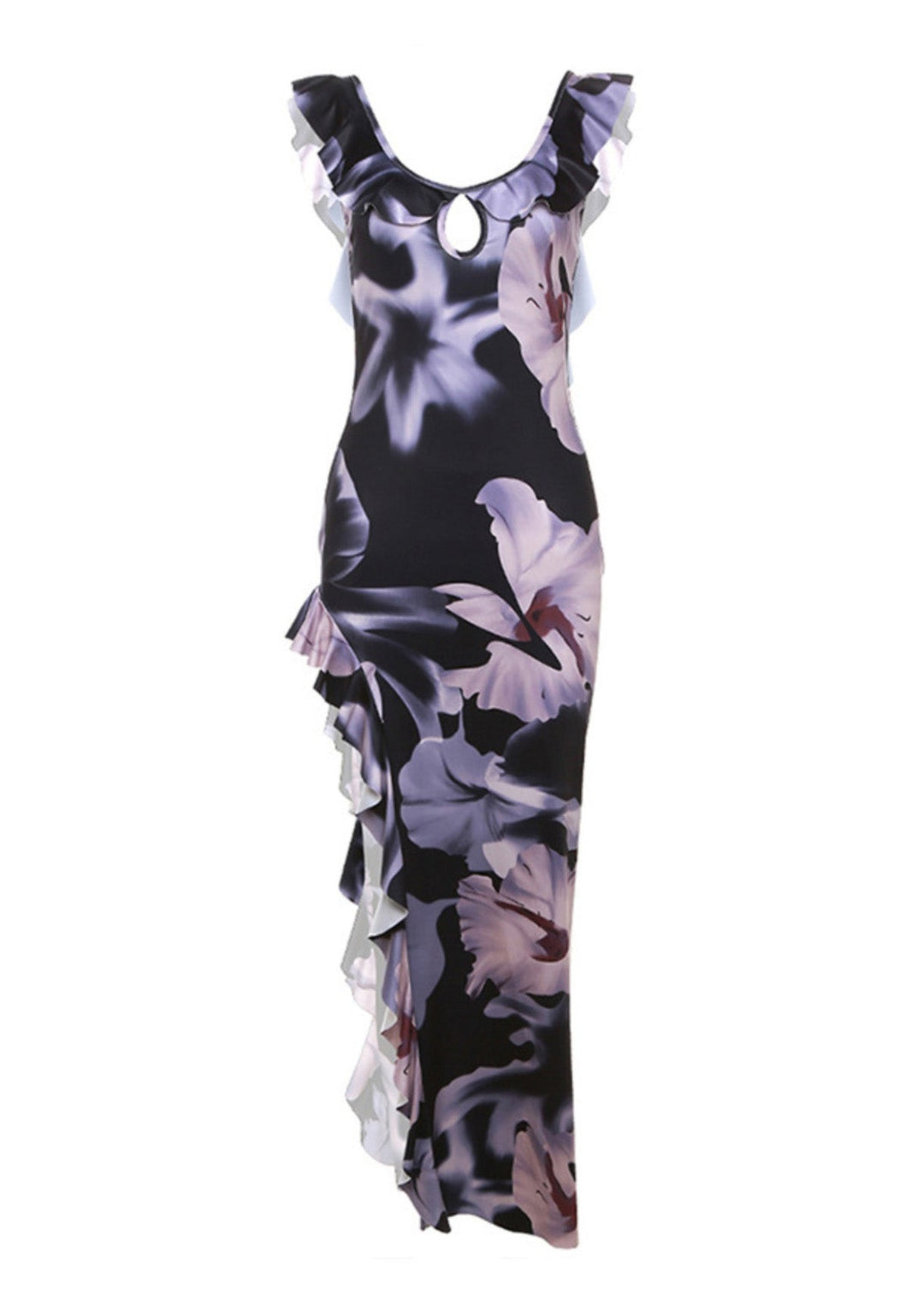 Elegant Purple Ruffled Asymmetrical Print Cotton Dress Summer