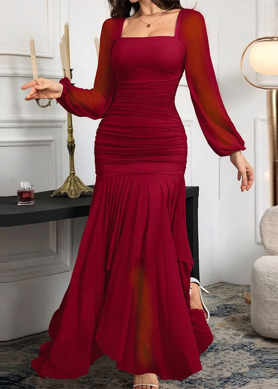 Elegant Purple Square Collar Asymmetrical Chiffon Long Dress Spring