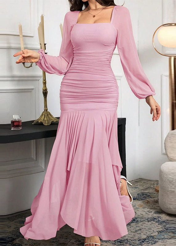 Elegant Purple Square Collar Asymmetrical Chiffon Long Dress Spring