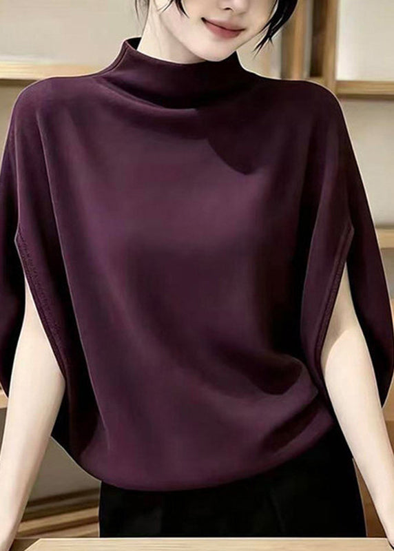 Elegant Purple Stand Collar Solid Top Short Sleeve
