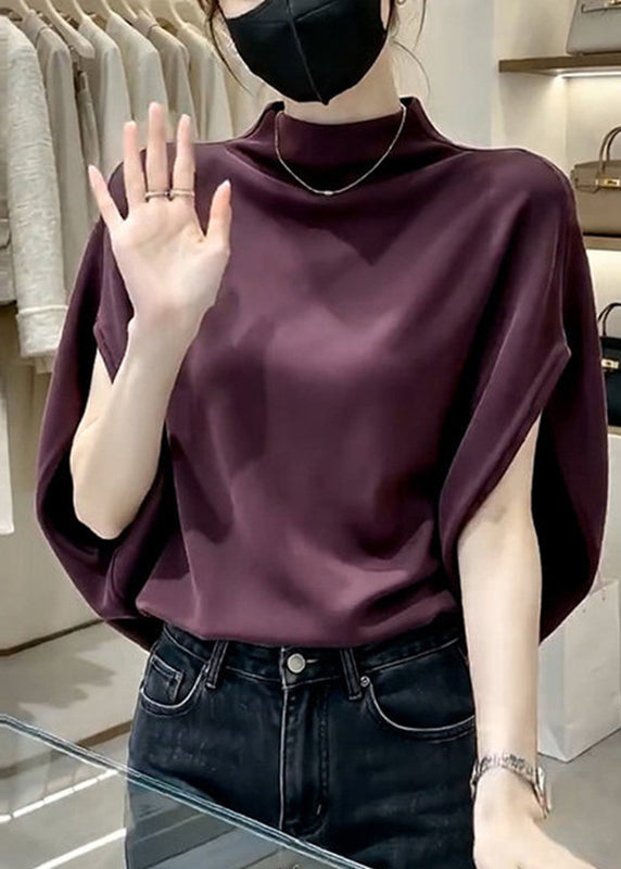 Elegant Purple Stand Collar Solid Top Short Sleeve