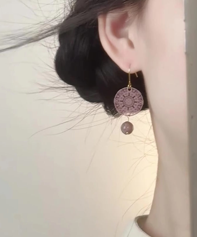 Elegant Purple Sterling Silver Overgild Hollow Out Paper-Cutting Pasted On Panes Drop Earrings