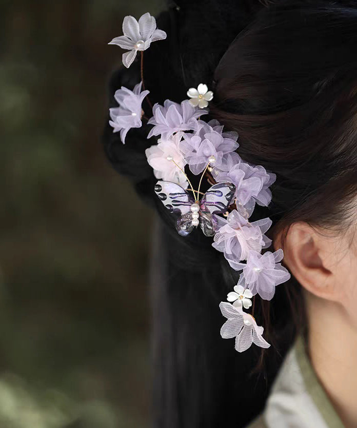 Elegant Purple Tulle Pearl Floral Hairpin