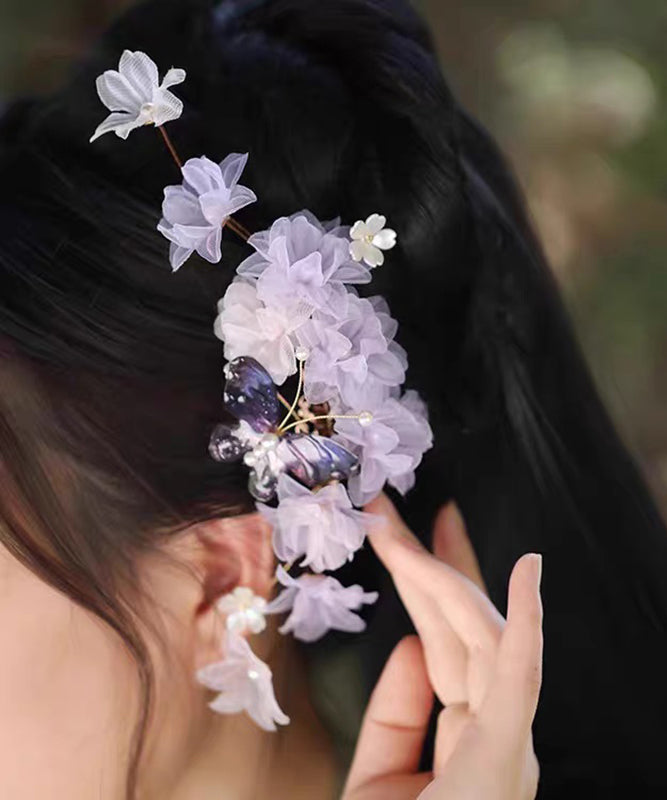 Elegant Purple Tulle Pearl Floral Hairpin
