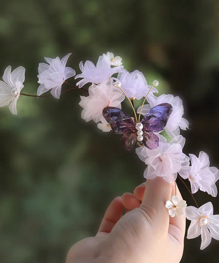 Elegant Purple Tulle Pearl Floral Hairpin