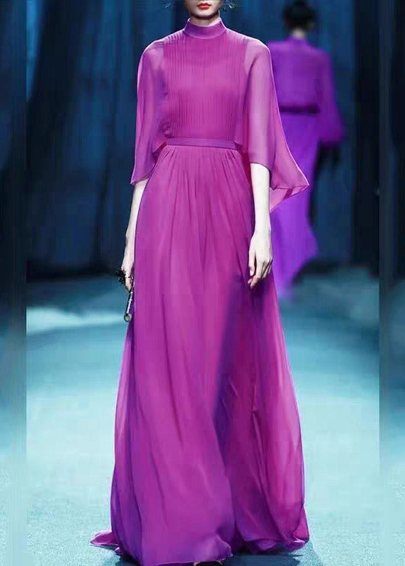 Elegant Purple Turtleneck High Waist Chiffon Long Dresses Three Quarter Sleeve