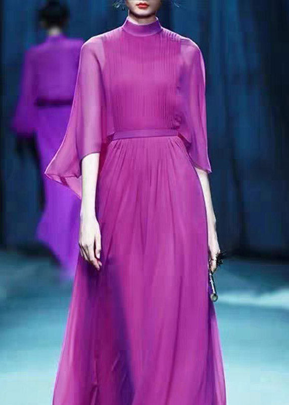 Elegant Purple Turtleneck High Waist Chiffon Long Dresses Three Quarter Sleeve