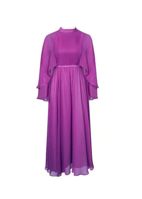 Elegant Purple Turtleneck High Waist Chiffon Long Dresses Three Quarter Sleeve