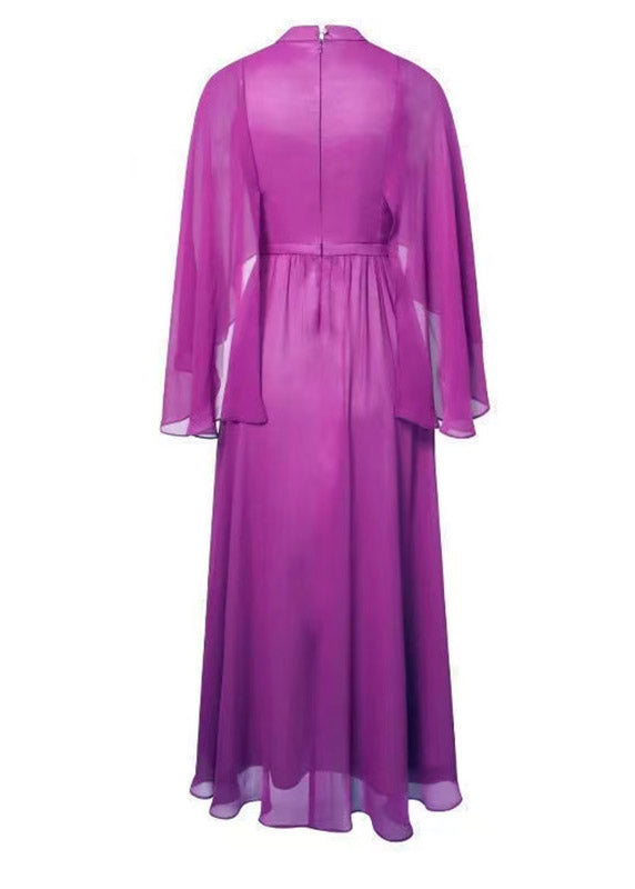Elegant Purple Turtleneck High Waist Chiffon Long Dresses Three Quarter Sleeve