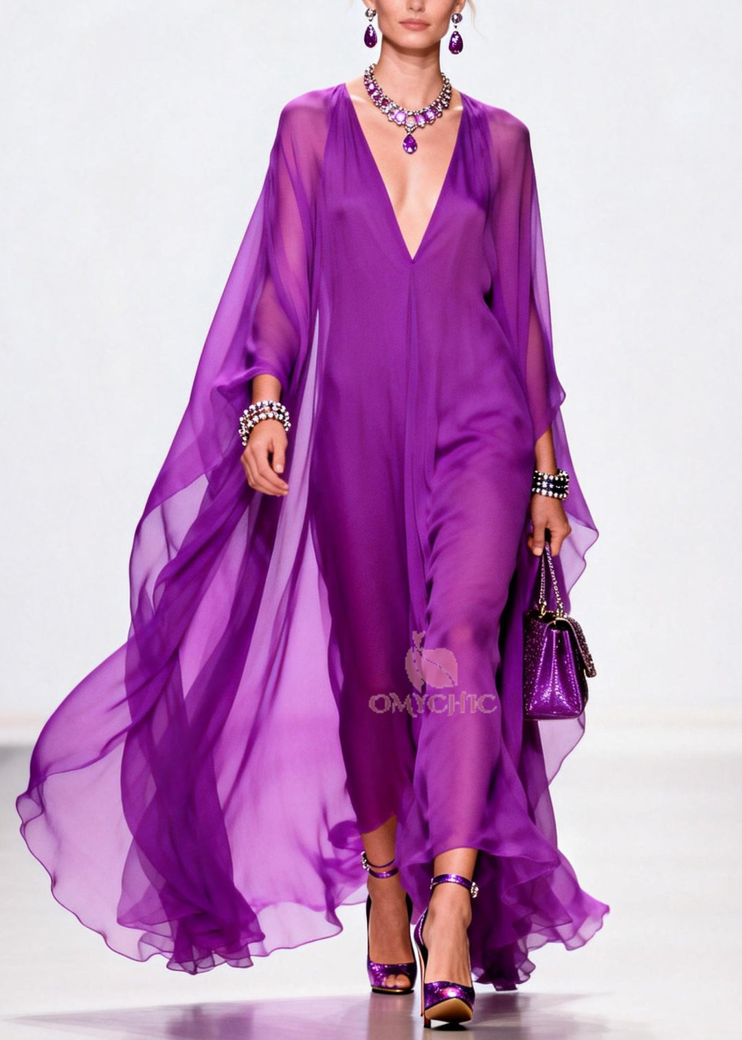 Elegant Purple V Neck Exra Large Hem Chiffon Holiday Dress Summer