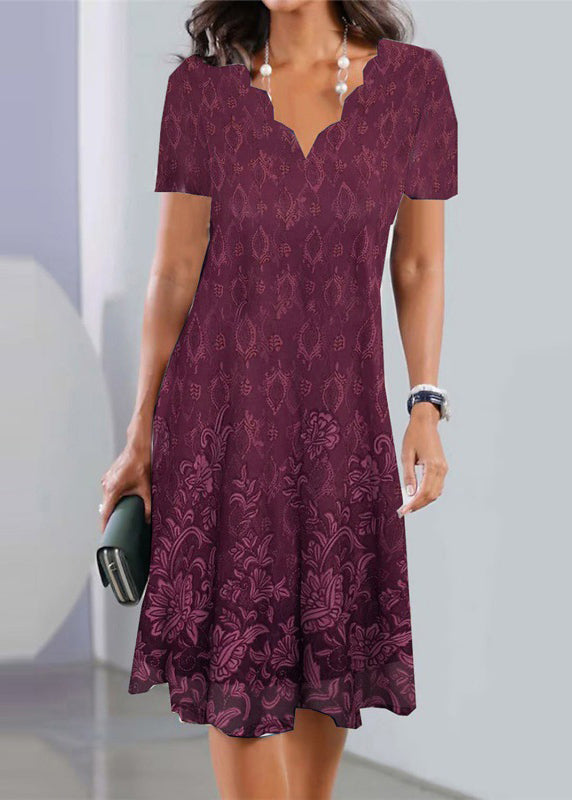 Elegant Purple V Neck Lace Wrinkled Mid Dress Summer