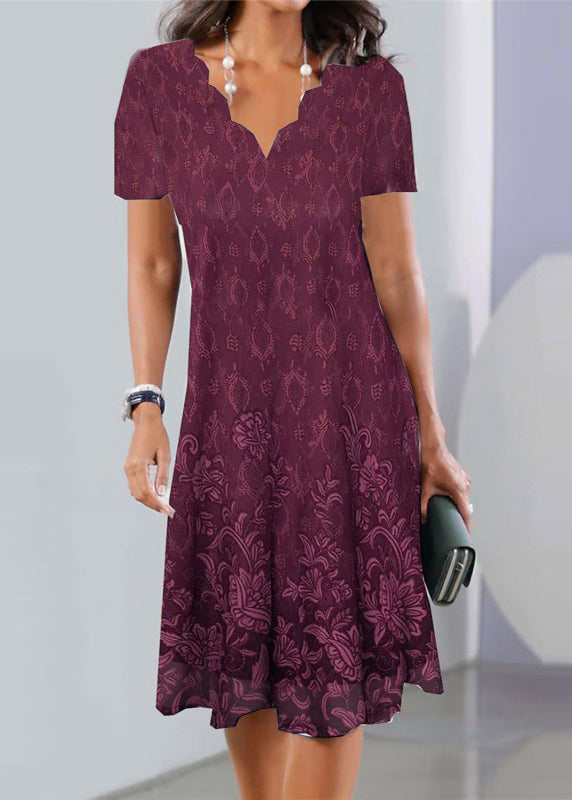 Elegant Purple V Neck Lace Wrinkled Mid Dress Summer