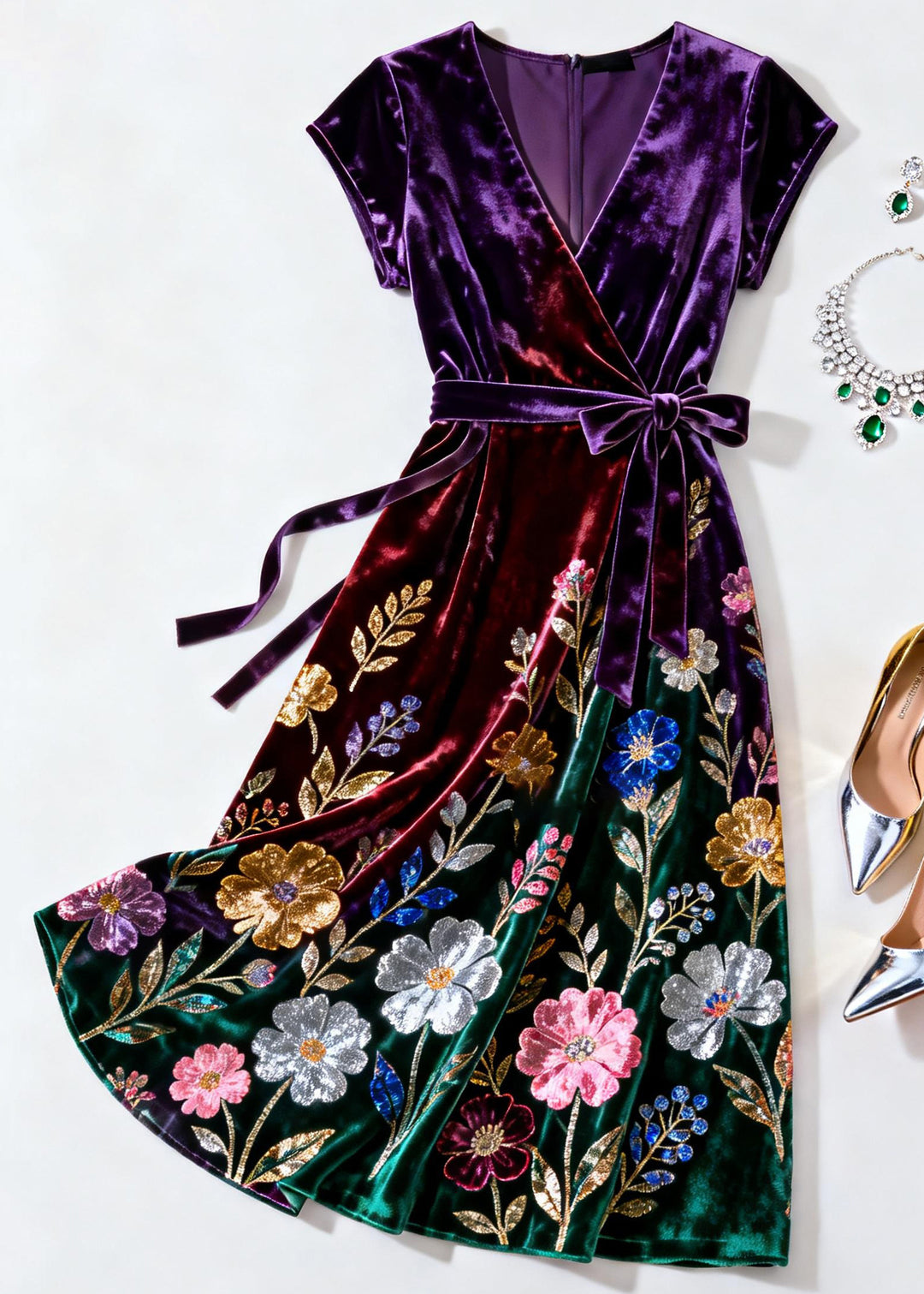 Elegant Purple V Neck Print Tie Waist Silk Velvet Dress Summer