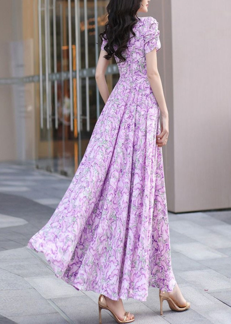 Elegant Purple V Neck Print Wrinkled Chiffon Dress Summer