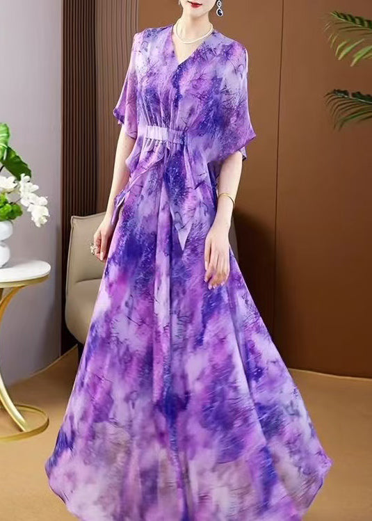 Elegant Purple V Neck Print Wrinkled Chiffon Maxi Dress Summer