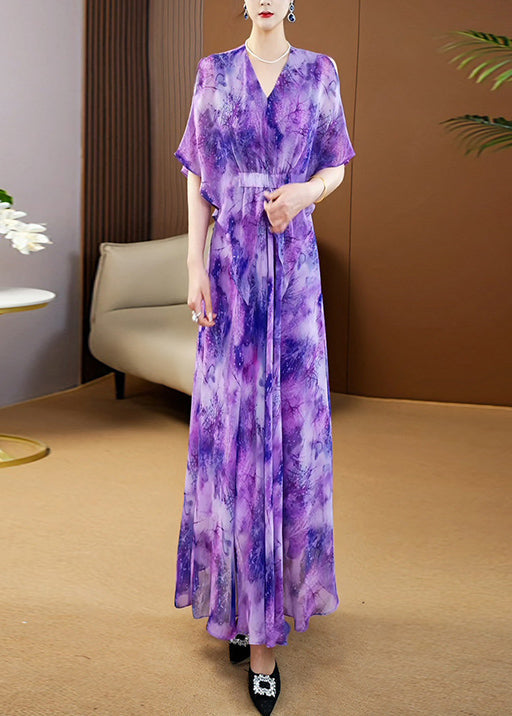 Elegant Purple V Neck Print Wrinkled Chiffon Maxi Dress Summer