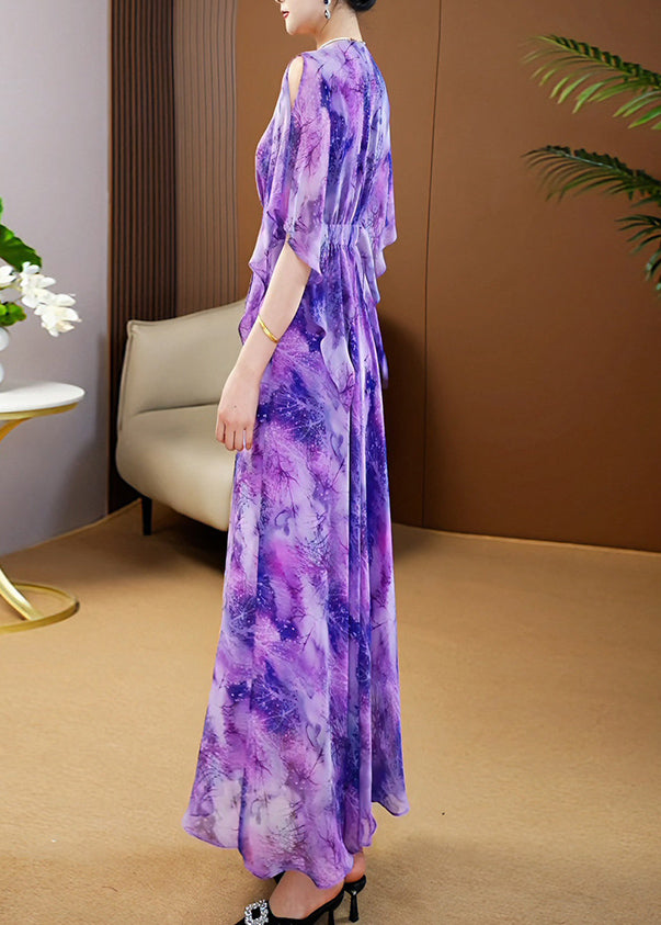 Elegant Purple V Neck Print Wrinkled Chiffon Maxi Dress Summer