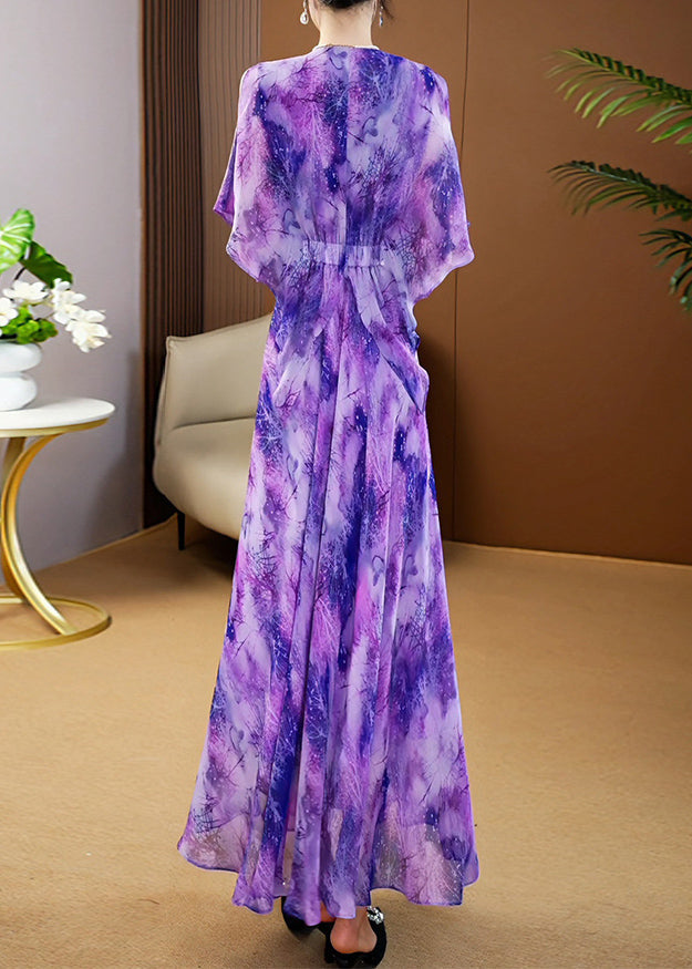 Elegant Purple V Neck Print Wrinkled Chiffon Maxi Dress Summer