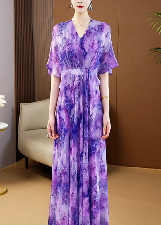 Elegant Purple V Neck Print Wrinkled Chiffon Maxi Dress Summer
