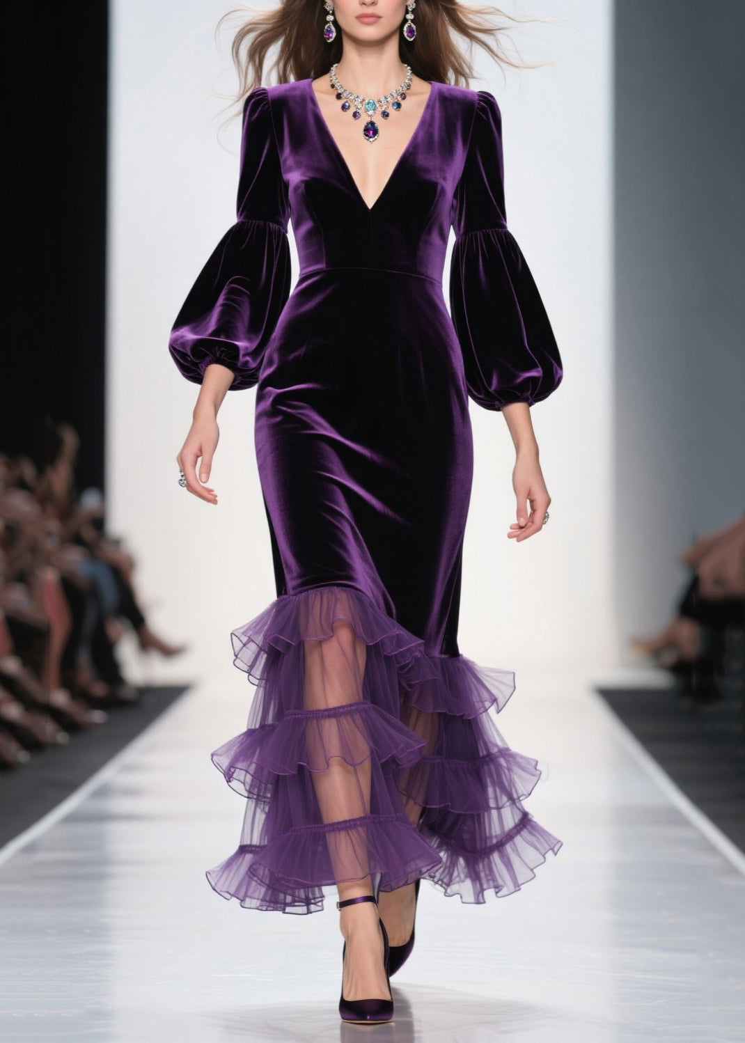 Elegant Purple V Neck Ruffled Patchwork Velvet Maxi Dresses Fall