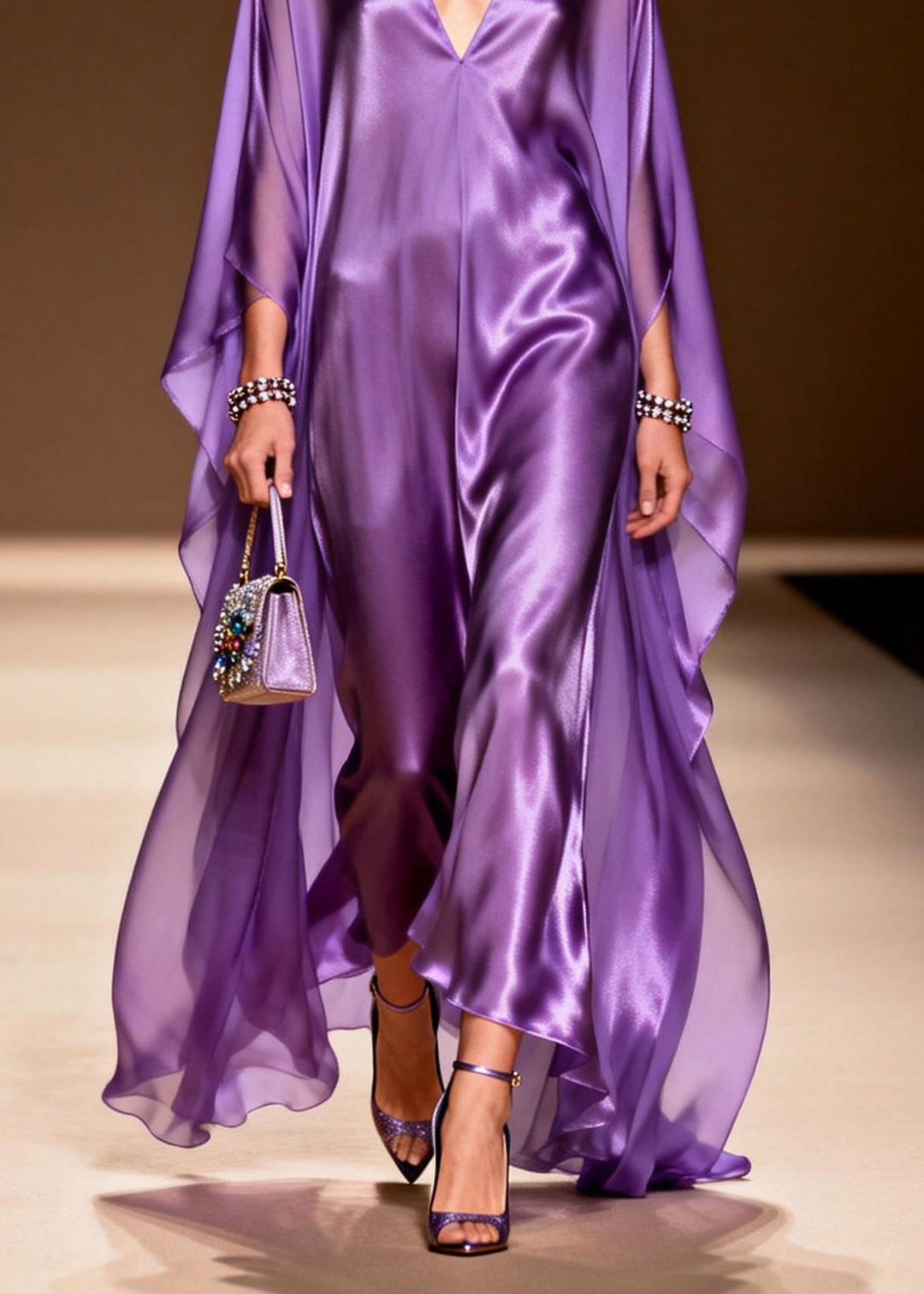 Elegant Purple V Neck Silk Long Dress Spring