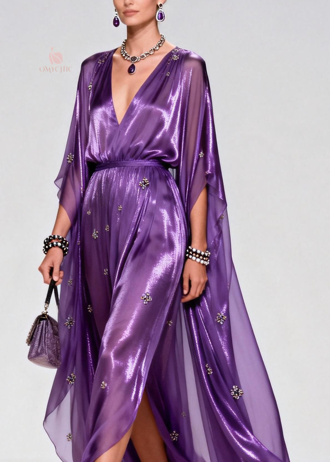 Elegant Purple V Neck Zircon Chiffon Long Dress Summer