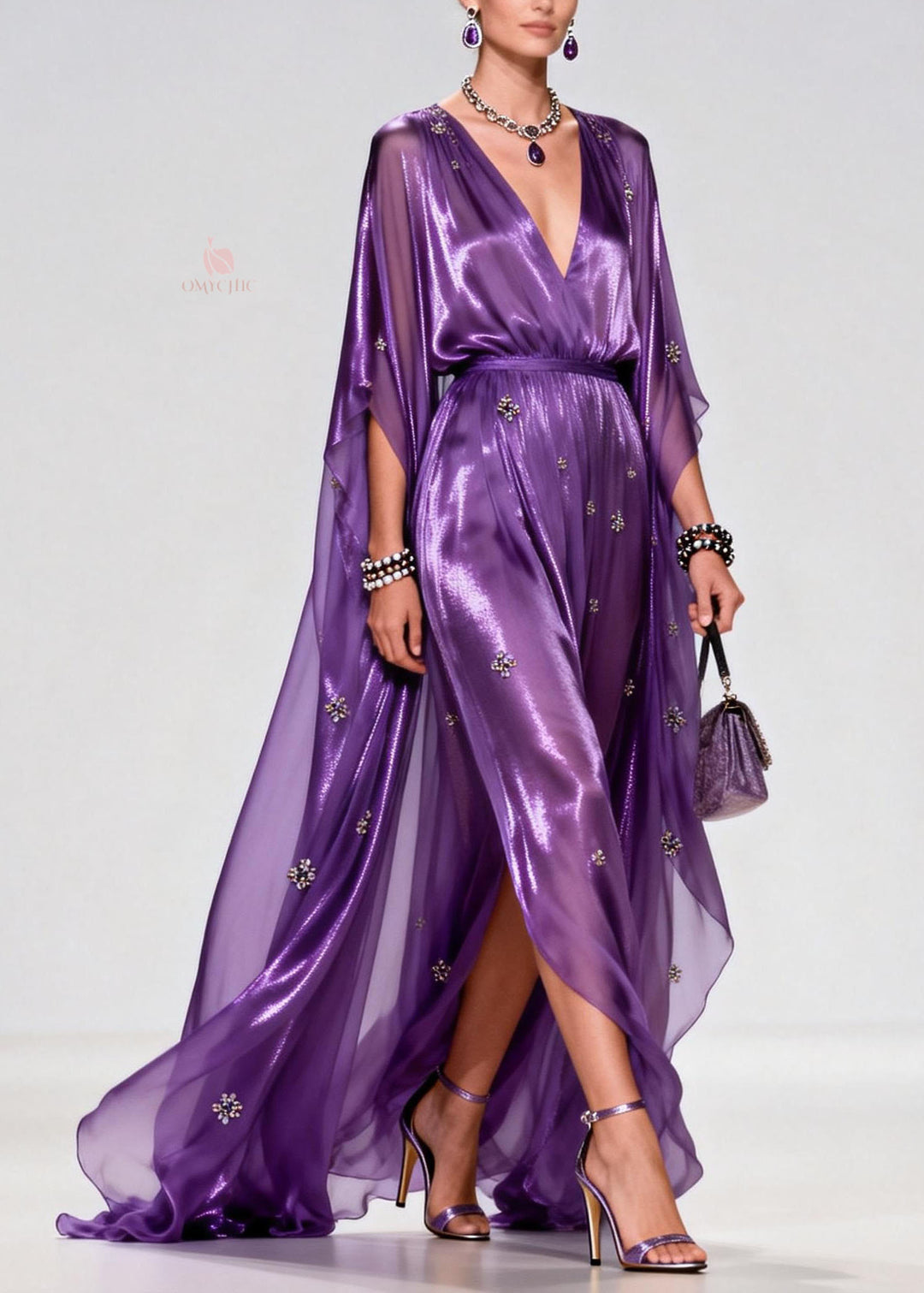 Elegant Purple V Neck Zircon Chiffon Long Dress Summer