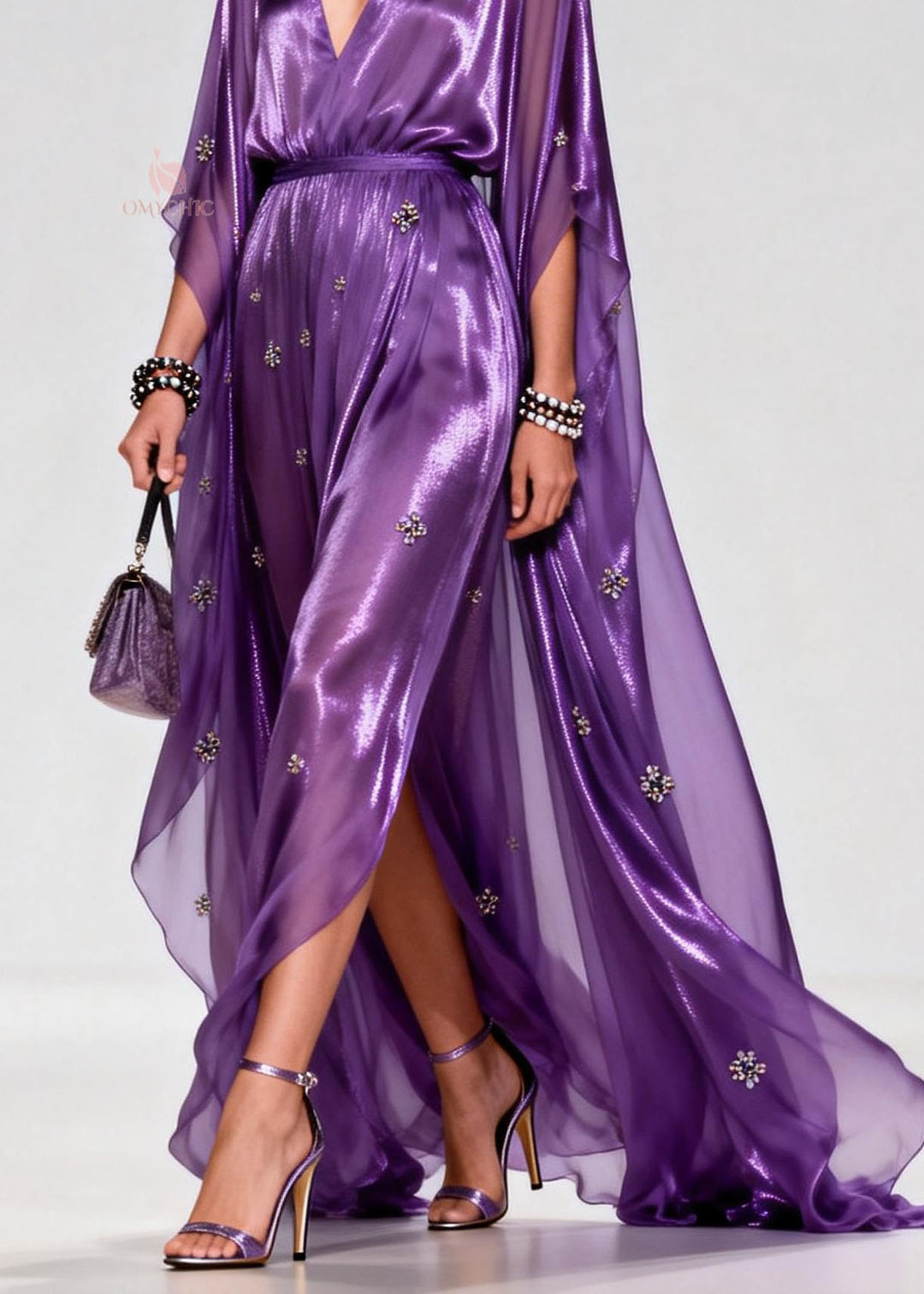 Elegant Purple V Neck Zircon Chiffon Long Dress Summer