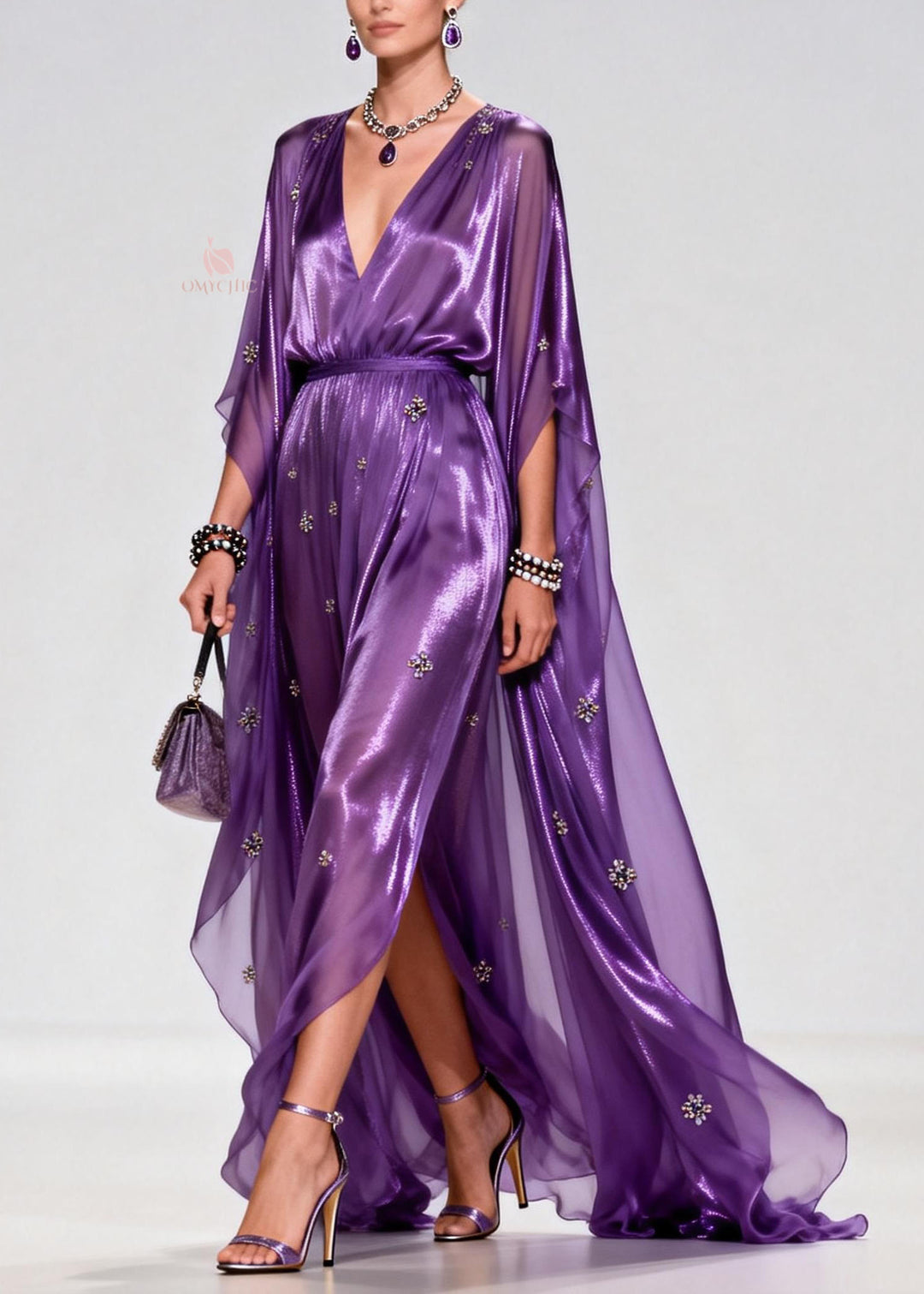 Elegant Purple V Neck Zircon Chiffon Long Dress Summer