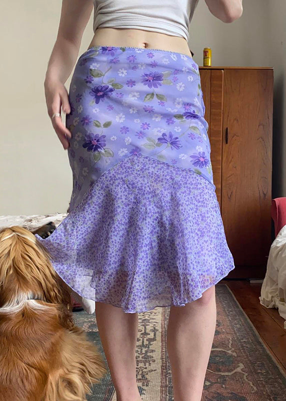 Elegant Purple Zippered Print Patchwork Chiffon Skirt Summer