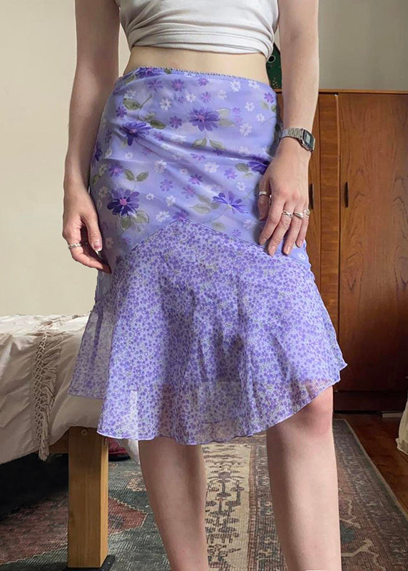 Elegant Purple Zippered Print Patchwork Chiffon Skirt Summer