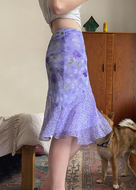 Elegant Purple Zippered Print Patchwork Chiffon Skirt Summer