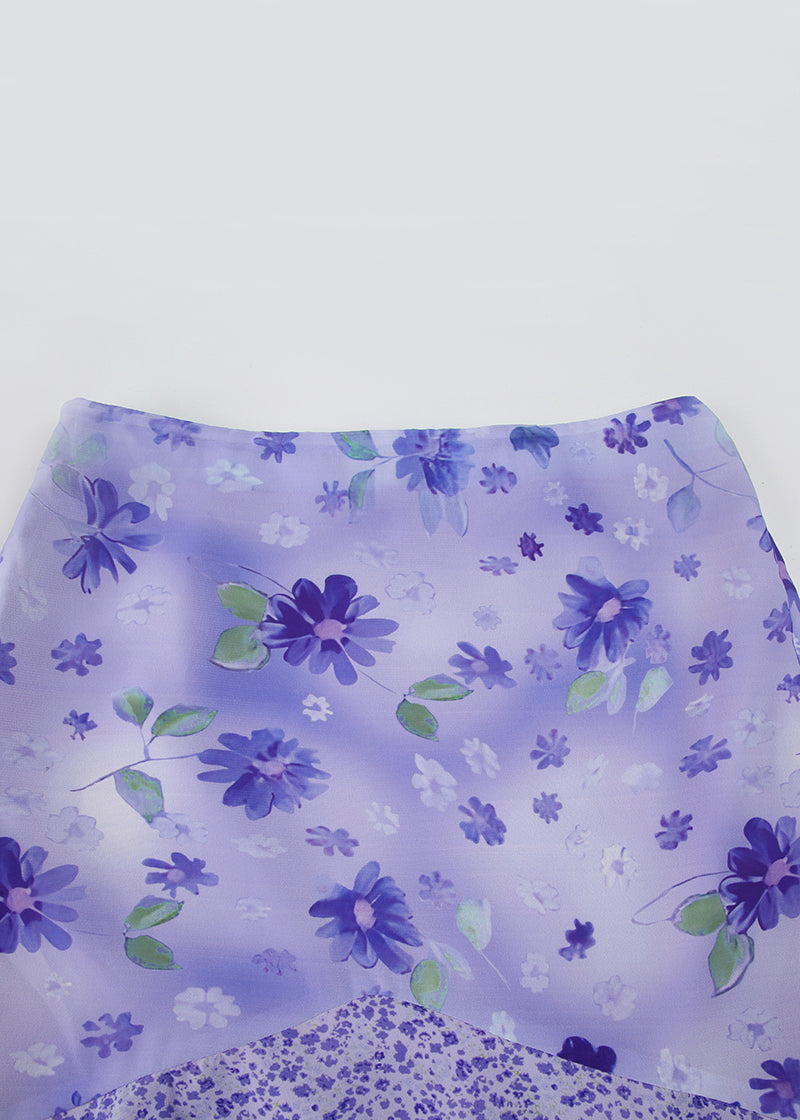 Elegant Purple Zippered Print Patchwork Chiffon Skirt Summer