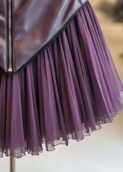 Elegant Purple Zippered Wrinkled Tulle Patchwork Skirts Spring