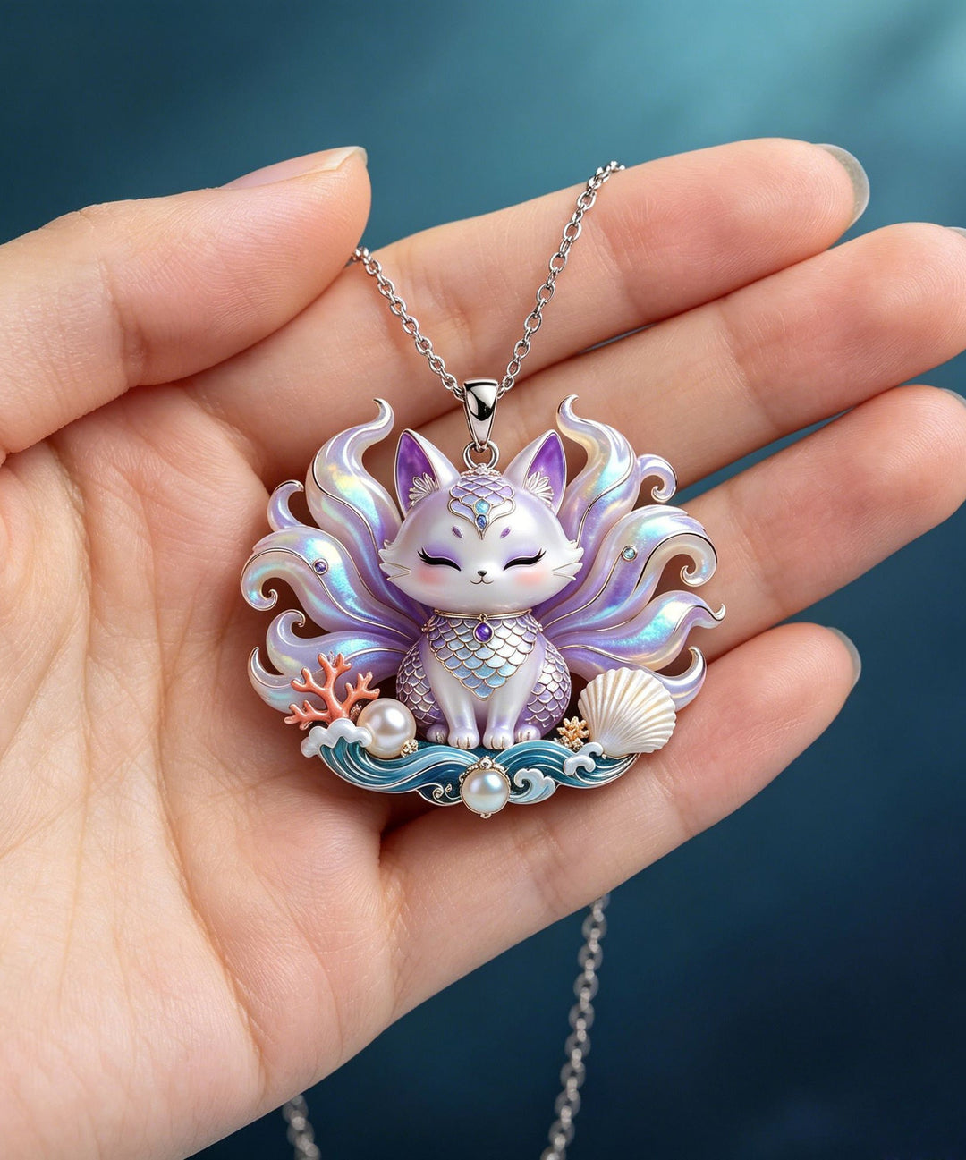 Elegant Rainbow Stainless Steel Enamel Nine Tailed Fox Pendant Necklace