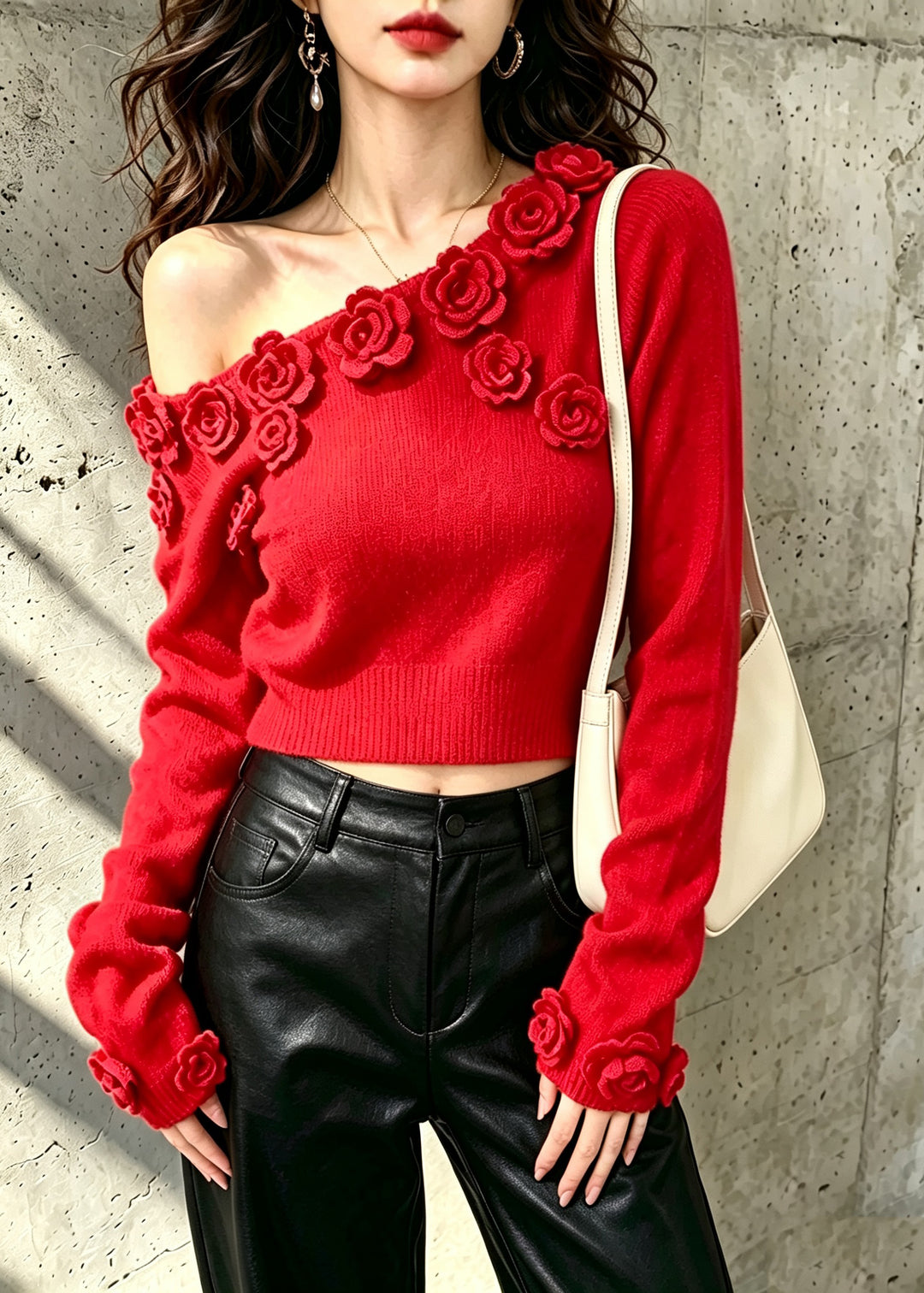 Elegant Red Asymmetrical Sculptural Floral Knit Knit Pullover Fall