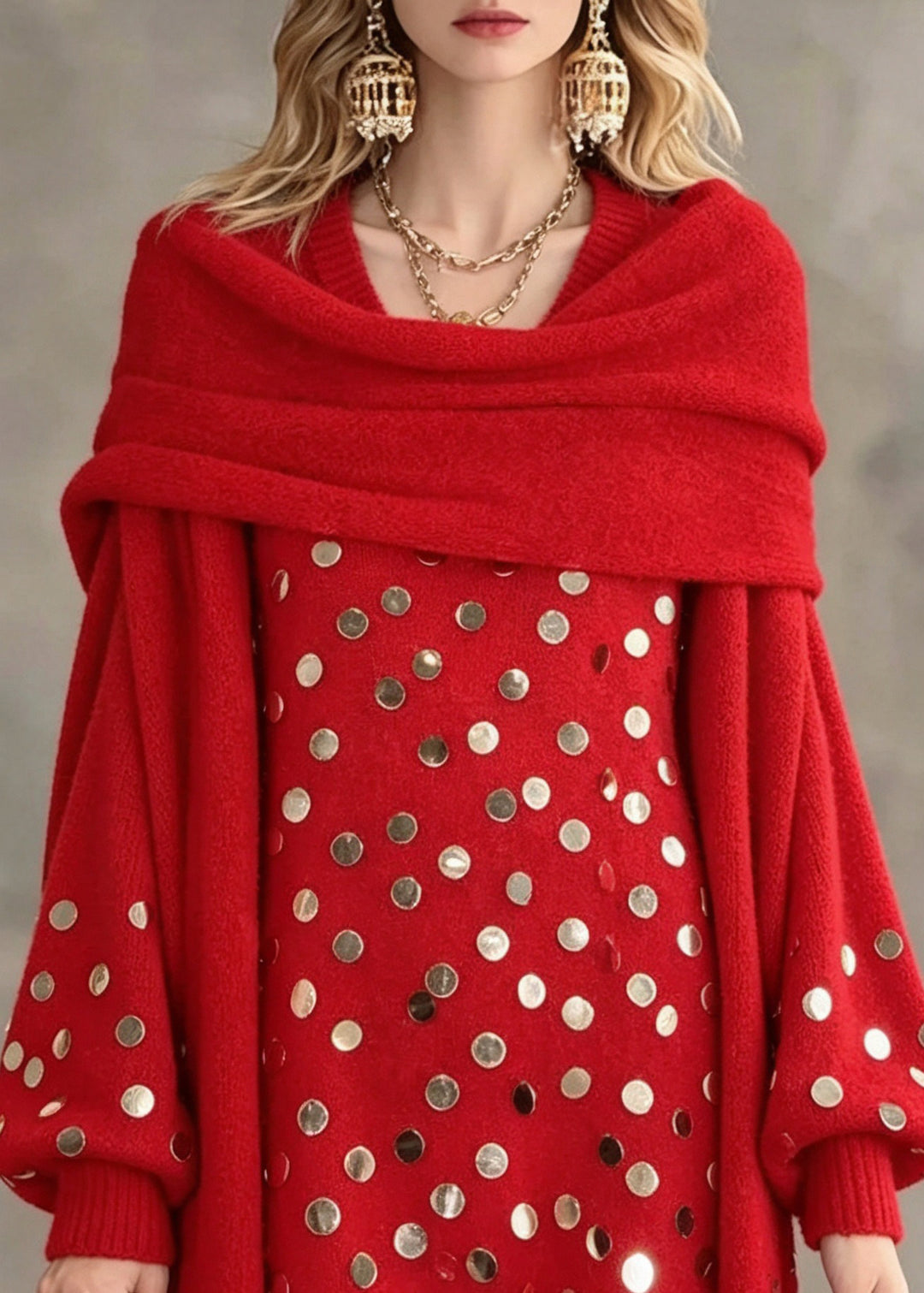 Elegant Red Asymmetrical Sequins Cotton Knit Sweater Lantern Sleeve