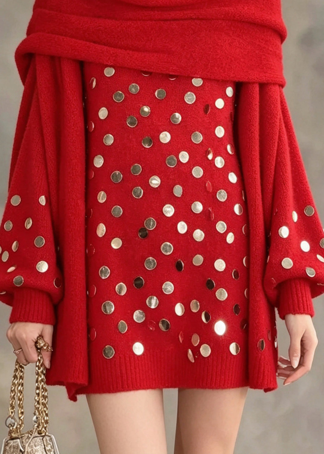 Elegant Red Asymmetrical Sequins Cotton Knit Sweater Lantern Sleeve