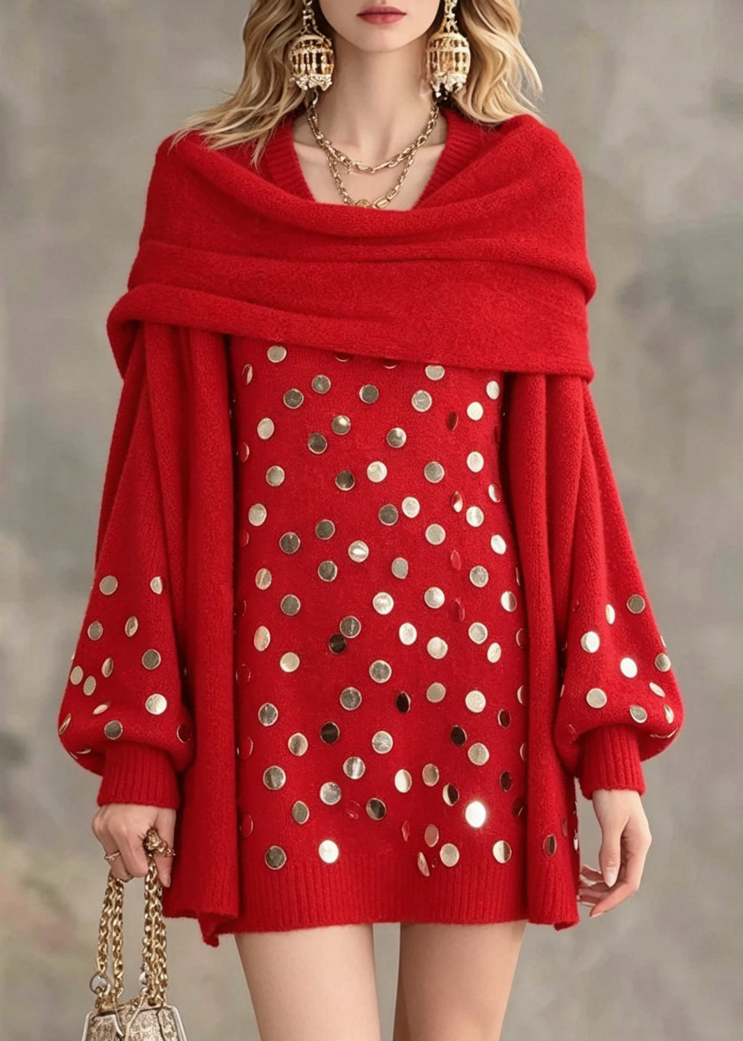 Elegant Red Asymmetrical Sequins Cotton Knit Sweater Lantern Sleeve