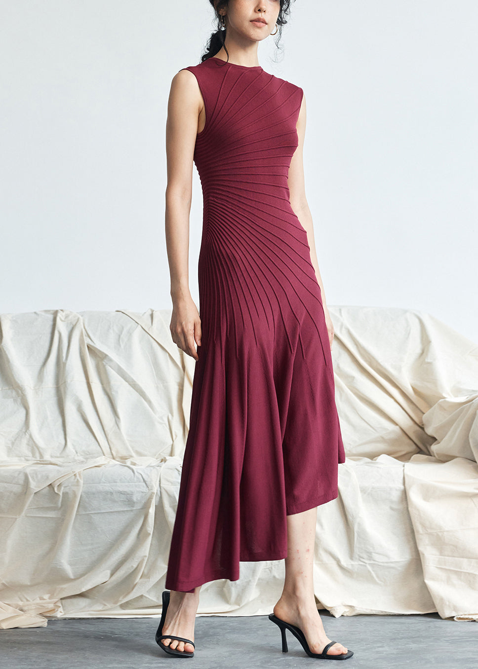 Elegant Red Asymmetrical Striped Cotton Long Dresses Sleeveless