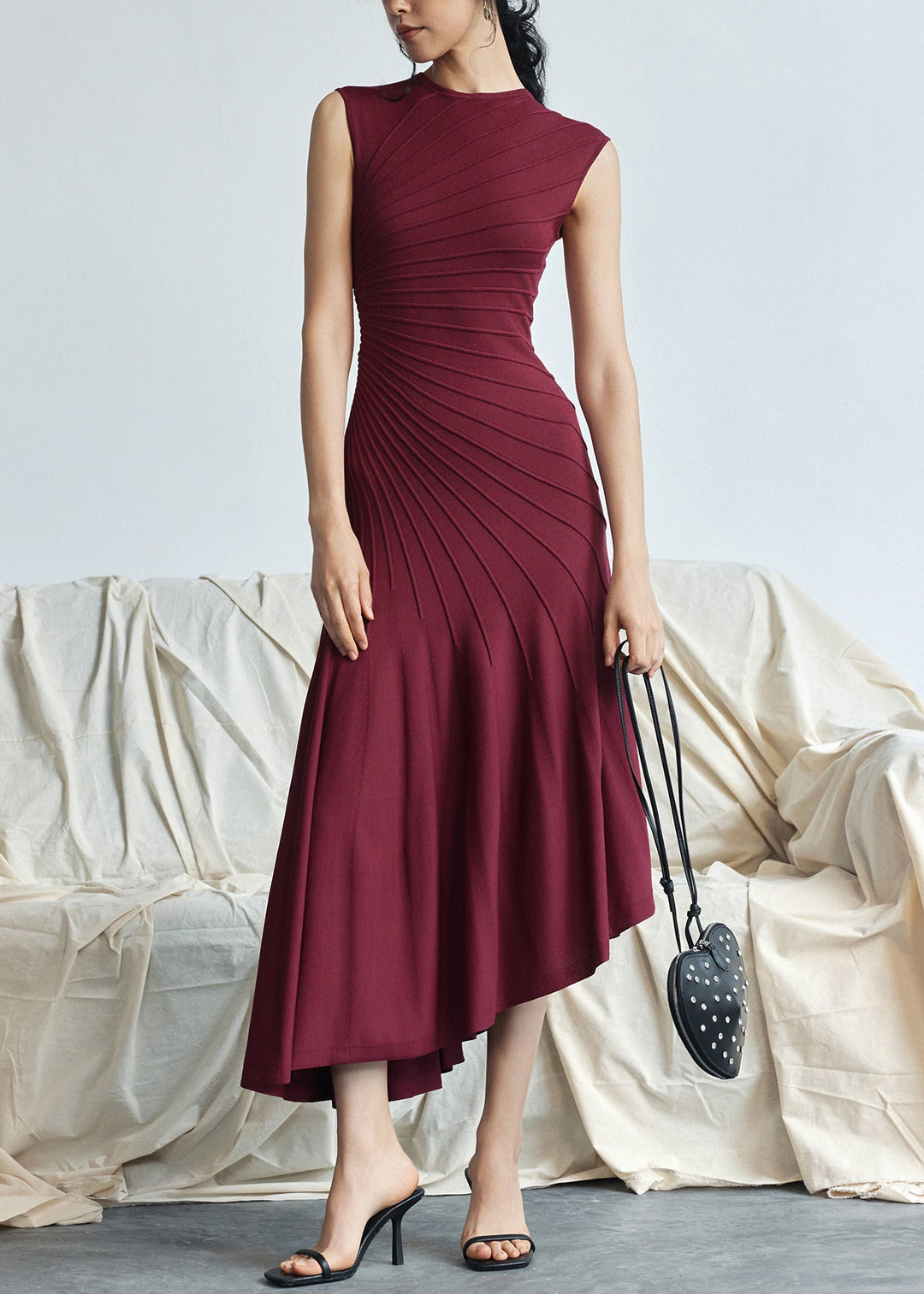 Elegant Red Asymmetrical Striped Cotton Long Dresses Sleeveless