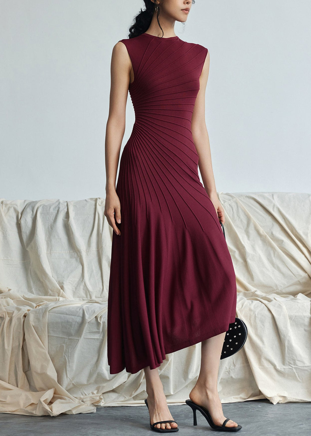 Elegant Red Asymmetrical Striped Cotton Long Dresses Sleeveless